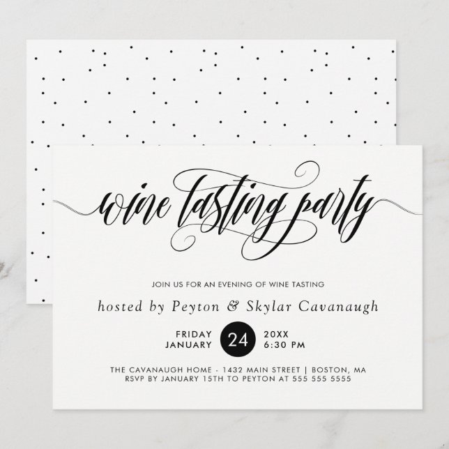 Black Calligraphy Swirls Wine Tasting Party Invitation (Front/Back)