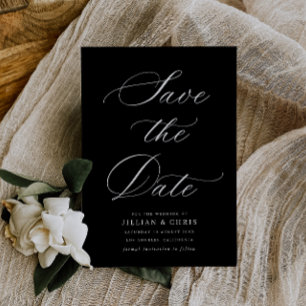 black calligraphy wedding save the date card