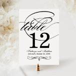 Black Calligraphy Wedding Table Number Card<br><div class="desc">Dramatic sweeping calligraphy and graceful flourishes in black create a bold, sophisticated wedding table number card. The flowing script and classic design bring timeless elegance to formal and black-tie reception tables. The couple's names, wedding date, and table number are easy to personalize. Each table number must be individually personalized and...</div>