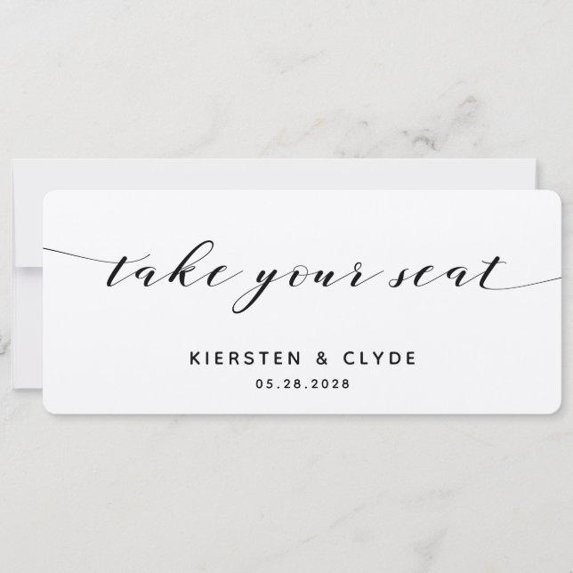 Black Calligraphy Wedding Take Your Seat Top Card (Front)