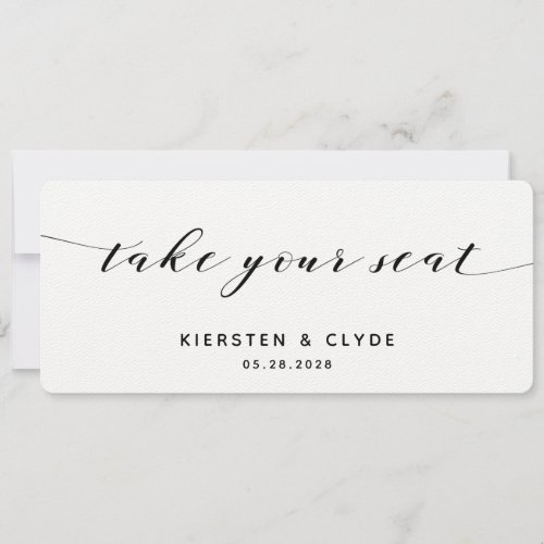 Black Calligraphy Wedding Take Your Seat Top Card