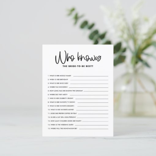 Black Calligraphy Who Knows Bridal Shower Game Invitation | Zazzle