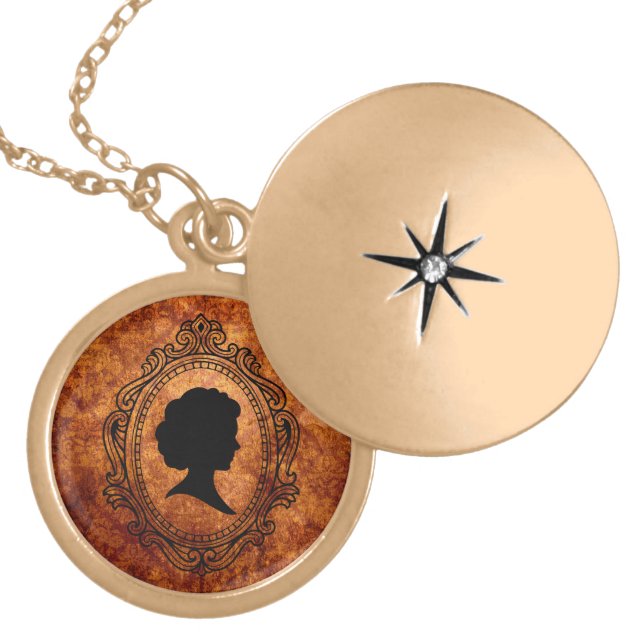 Black Cameo Orange Grunge Damask GoldFinish Locket Necklace (Front)