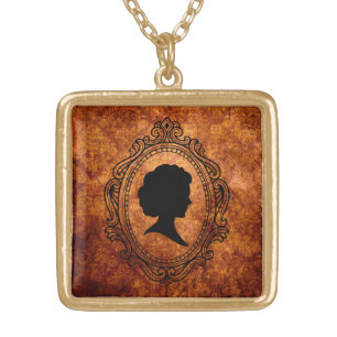 Black Cameo Orange Grunge Gold Square Necklace
