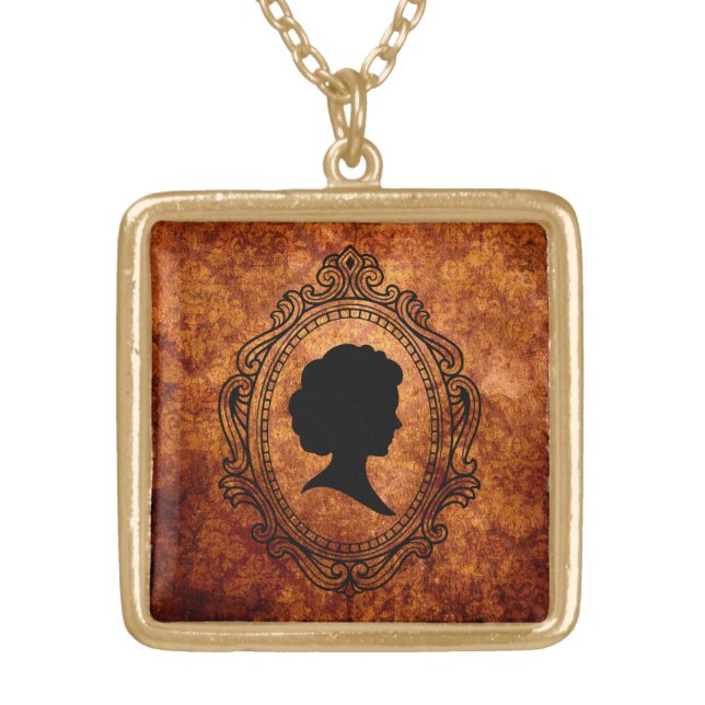 Black Cameo Orange Grunge Gold Square Necklace (Front)