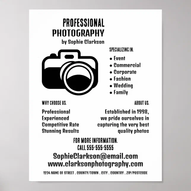 Black Camera Icon, Photographer, Photography Hire Poster | Zazzle
