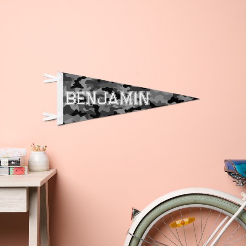 Black Camo Pattern with Boy Name _ Athletic Font Pennant Flag