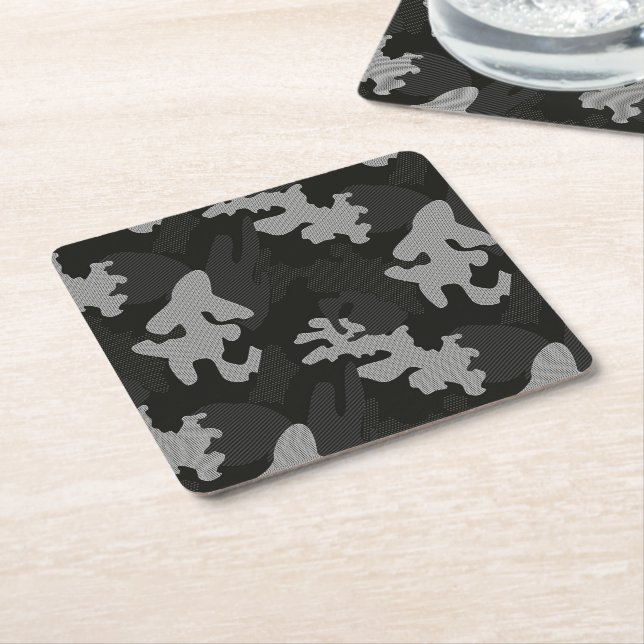 Black Camouflage Pattern Square Paper Coaster (Angled)