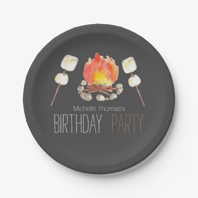 Black campfire smores birthday paper plate (Front)