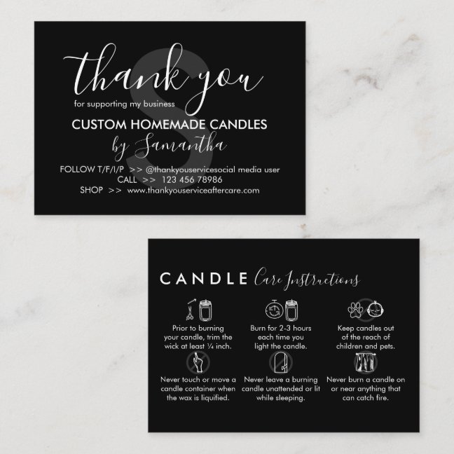 Black Candle Care Instructions Thank You Business Card