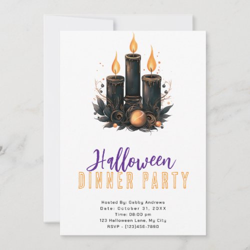 Black Candles Gold Ornament Halloween Dinner Party Invitation