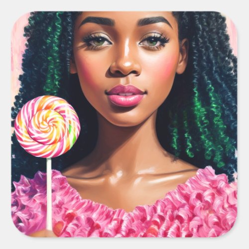 Black Candy Girl Lollipop Beauty Square Sticker