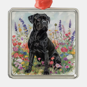 BLACK CANE CORSO DOG IN FLORAL FIELD METAL ORNAMENT