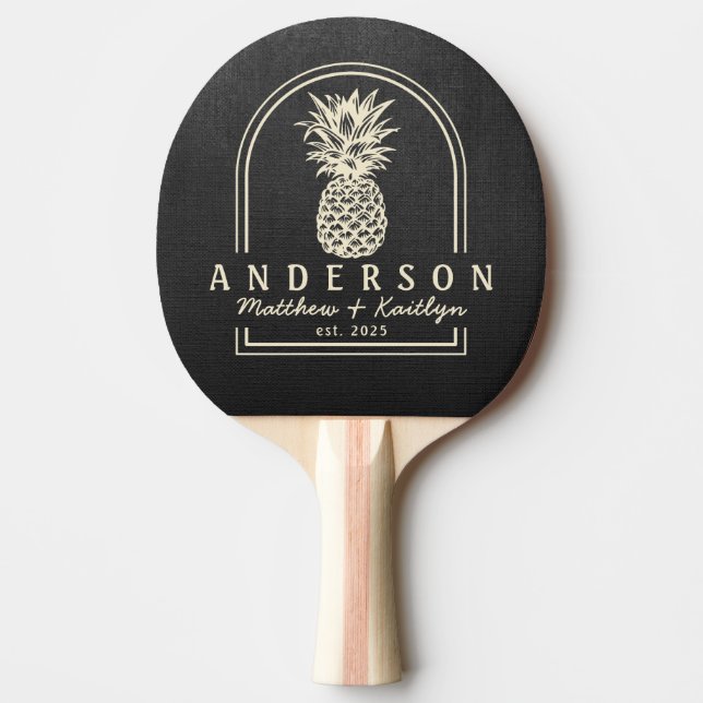 Black Canvas Pineapple Wedding Arch & Name Ping Pong Paddle (Front)