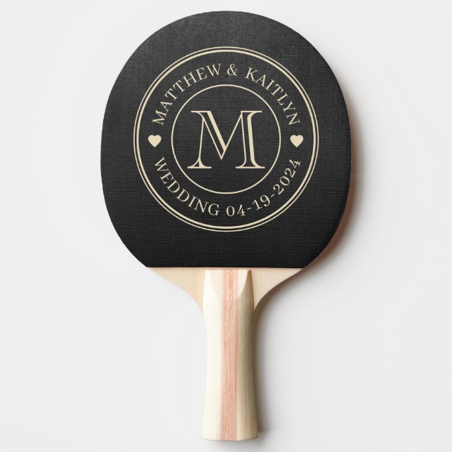 Black Canvas Wedding Monogram Heart Ping Pong Paddle (Front)