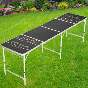 Black Canvas Wedding String Lighting & Name Beer Pong Table