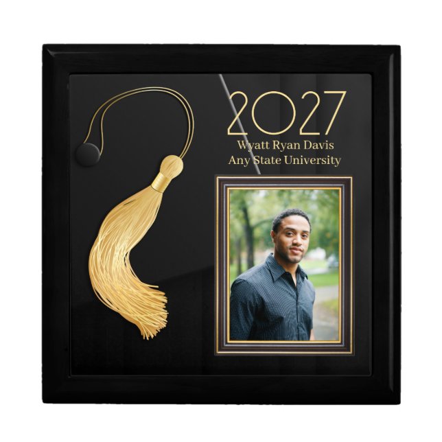 Black Cap and Gown with Gold Tassel Gift Box (Front)