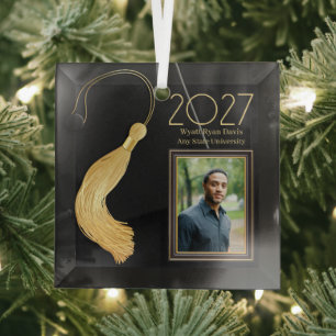 Black Cap and Gown with Gold Tassel Glass Ornament