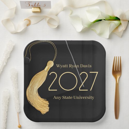 Black Cap and Gown with Gold Tassel Paper Plates