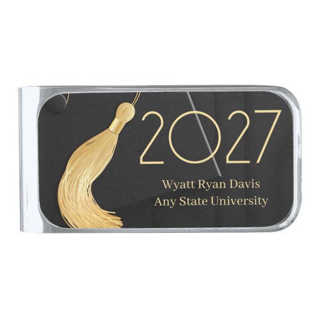 Black Cap and Gown with Gold Tassel Silver Finish Money Clip (Front)