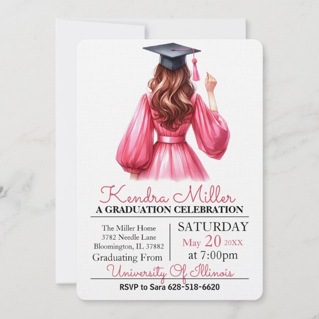 Black Cap & Gown Watercolor Graduation Invitation (Front)