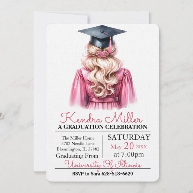 Black Cap & Gown Watercolor Graduation Invitation (Front)
