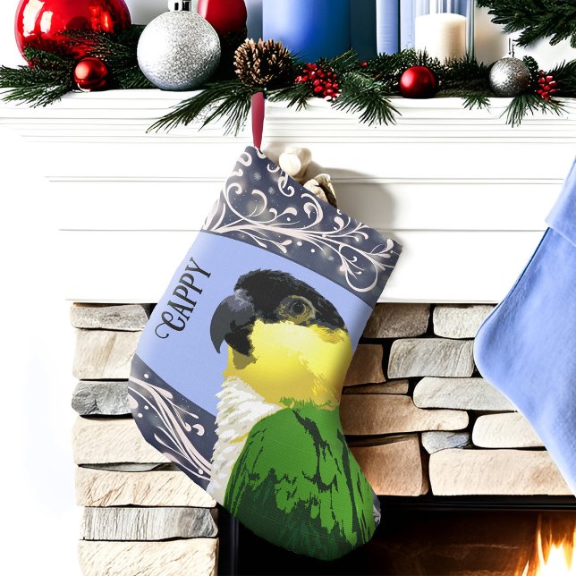 Black Capped Caique Parrot Pet Bird Blue Swirl Small Christmas Stocking (Black Capped Caique parrot personalized Christmas stocking with blue & white swirl background)