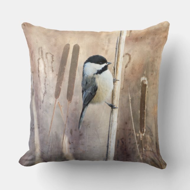 Black Capped Chickadee and Cattails in Marsh Throw Pillow (Front)