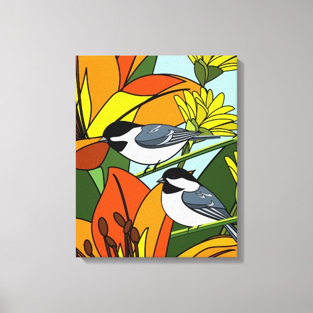 Black capped Chickadee and Lily Flowers Canvas Print (Front)