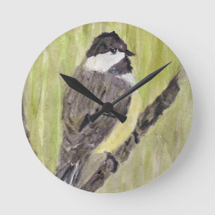 Black-capped Chickadee Bird - acrylic painting. Round Clock