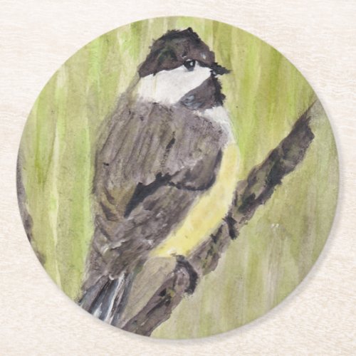 Black_capped Chickadee Bird _ acrylic painting   Round Paper Coaster
