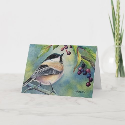 Black Capped Chickadee Bird Berries Watercolor Art Card