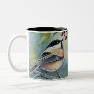 Black Capped Chickadee Bird Berries Watercolor Art Two-Tone Coffee Mug
