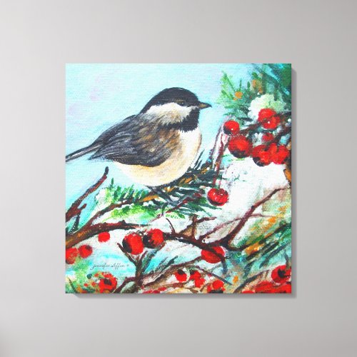 Black Capped Chickadee Bird With Berries Canvas Print