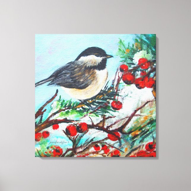 Black Capped Chickadee Bird With Berries Canvas Print (Front)
