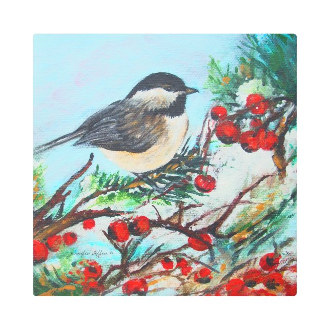 Black Capped Chickadee Bird With Berries Metal Print (Front)