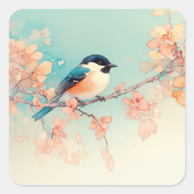 Black-Capped Chickadee in a Peach Blossom Dream Square Sticker (Front)