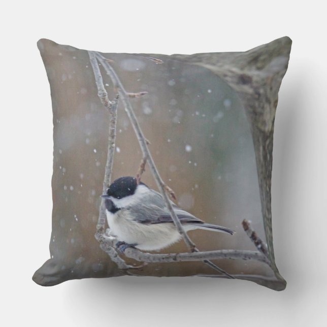 Black Capped Chickadee in Snow Throw Pillow (Front)