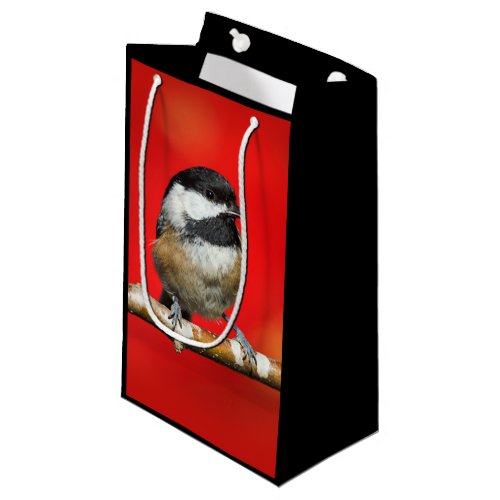 Black_Capped Chickadee on Autumn Red Background Small Gift Bag