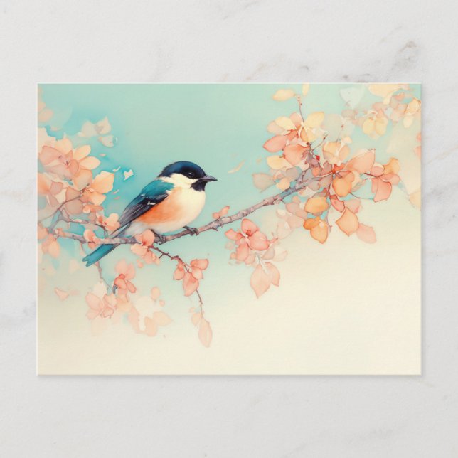 Black Capped Chickadee on Peach Autumn Leaf Branch Postcard (Front)