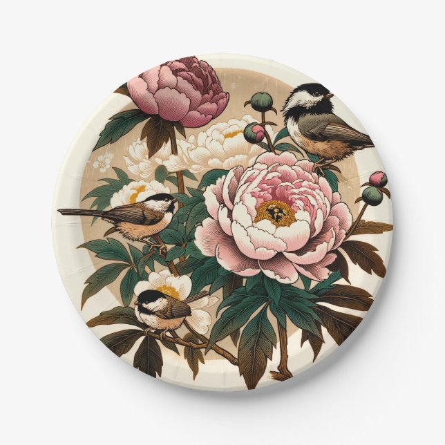 Black Capped Chickadee Peony Art Nature Lovers     Paper Plates (Front)