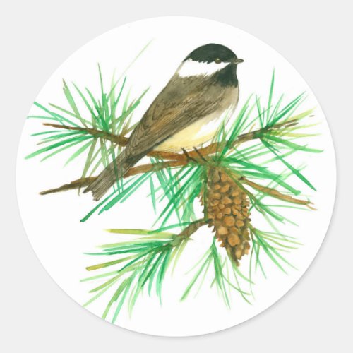 Black Capped Chickadee White Pine Cone Tassel Classic Round Sticker