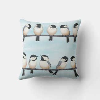 black capped chickadees on a line throw pillow