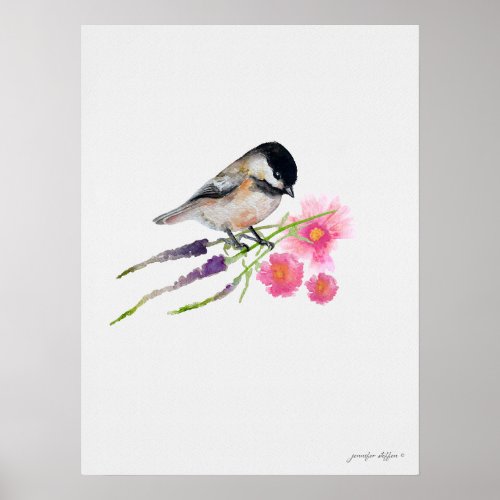Black Capped Sweet Chickadee Watercolor Artwork Poster