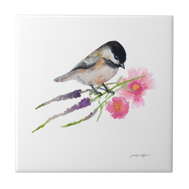 Black Capped Sweet Cute Chickadee Watercolor Art Ceramic Tile (Front)