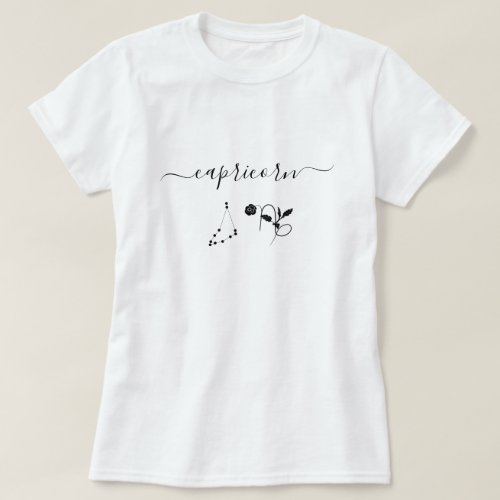 Black Capricorn zodiac sign floral Minimalist name T_Shirt