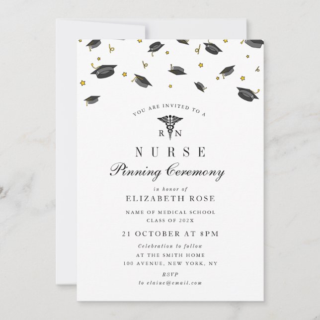 Black caps nurse pinning ceremony invitation (Front)