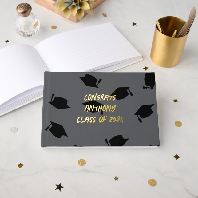 Black Caps Teen Boy Graduation Foil Guest Book (Front Open)