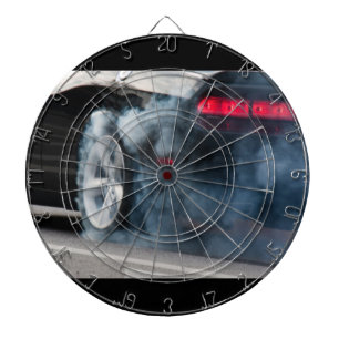 Black car burnout dartboard with darts