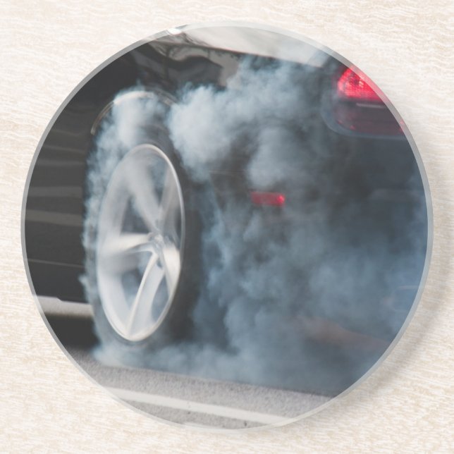 Black car burnout drink coaster (Front)